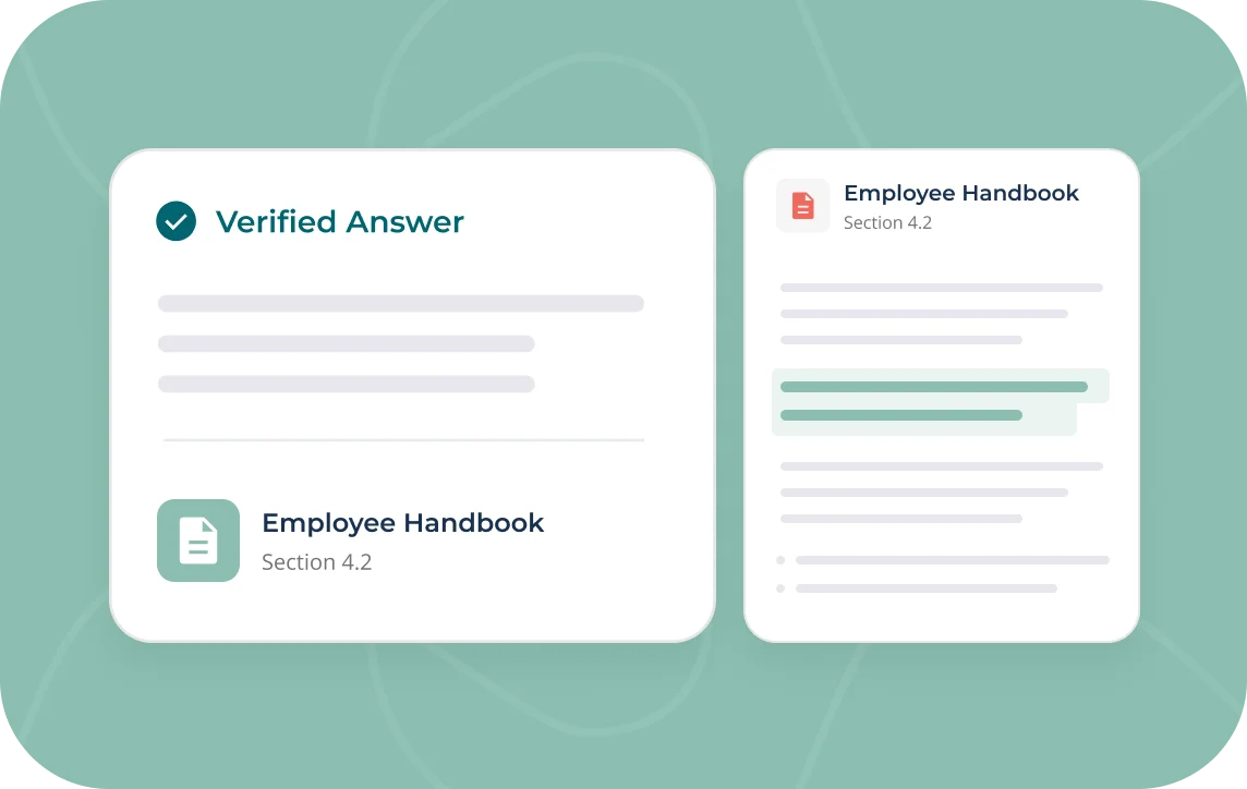 A verified Dex answer citing the employee handbook it was drawn from